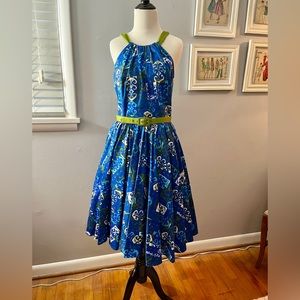 Blue and green vintage reproduction Pinup Couture dress with belt, size L